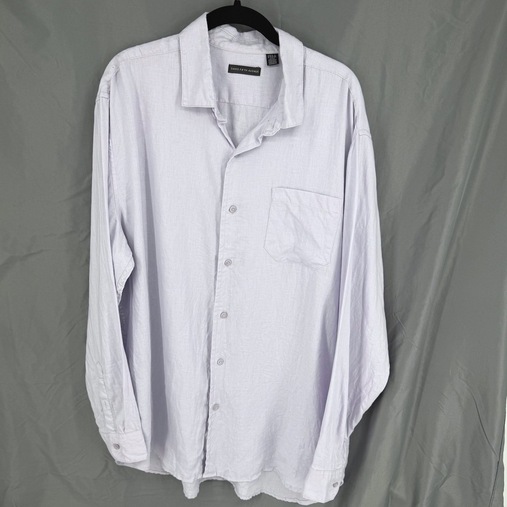Saks Fifth Avenue Button Up Shirt Men XL Light Lavender Linen Long Sleeve Pocket